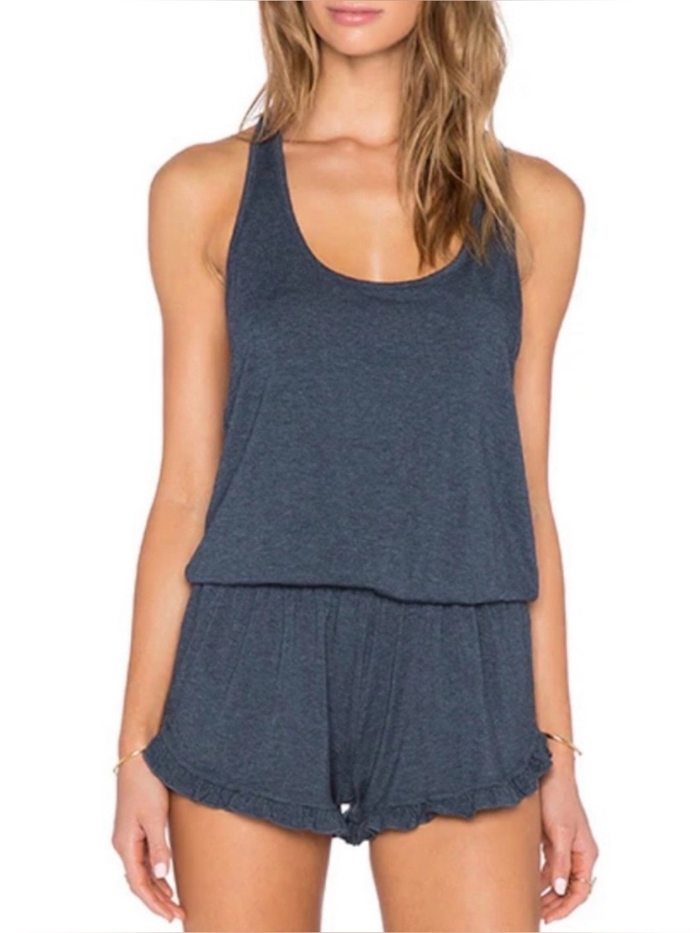 Spiritual Gangster Tank Romper Ruffled Shorts Women’s Navy Blue Size Medium